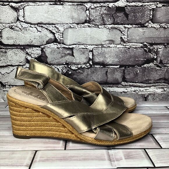 Clarks Collection Bronze Gold Leather Strap Wedges Sandals Women Sz 8.5M US/39.5 - Picture 1 of 16